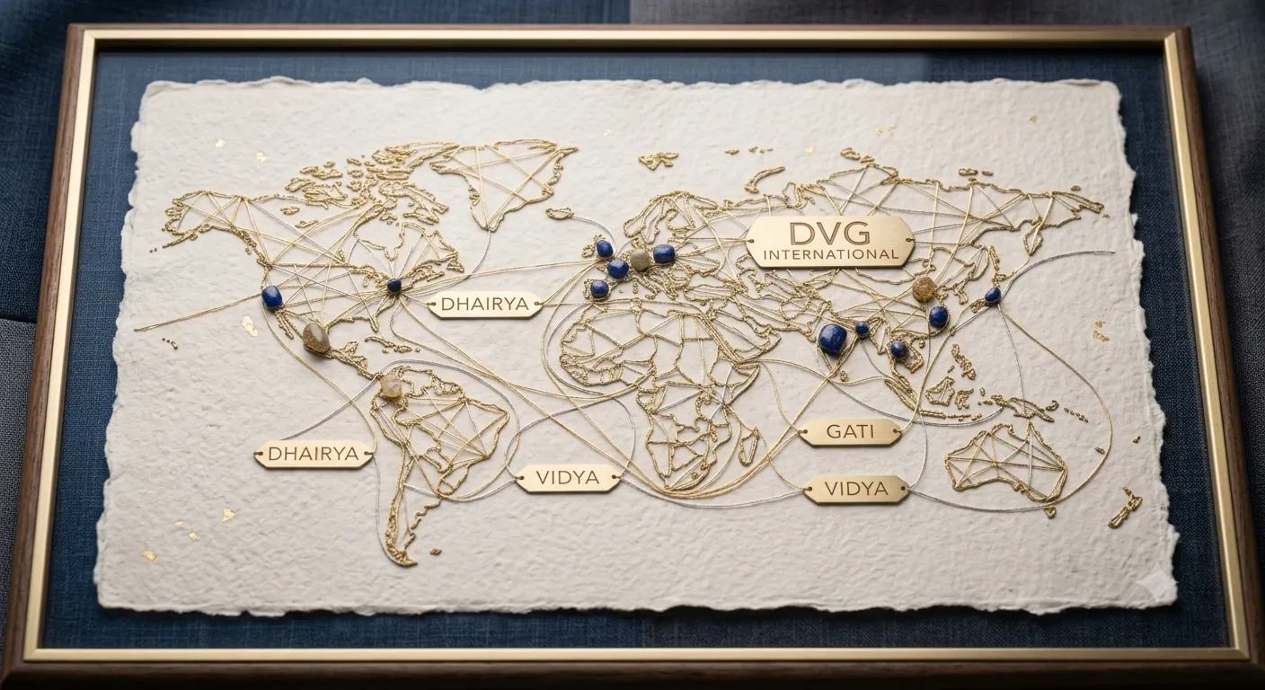Hand-finished DVG map: gold threads linking Bharat to markets across the world